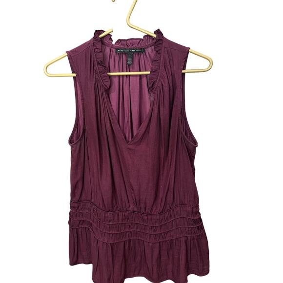 WHBM Purple Sleeveless Ruffle Neck Peplum Top Smocked Waist L EUC - Picture 2 of 7